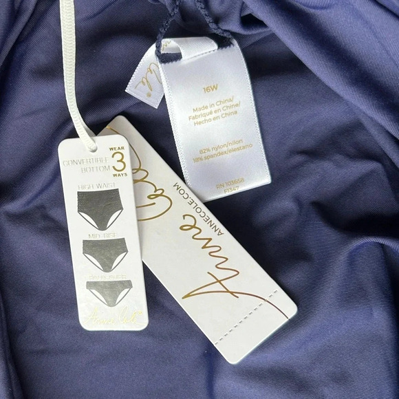 Anne Cole Convertible High Waist Sz 16 Bikini Bottom Shirred Navy Blue - Picture 5 of 7